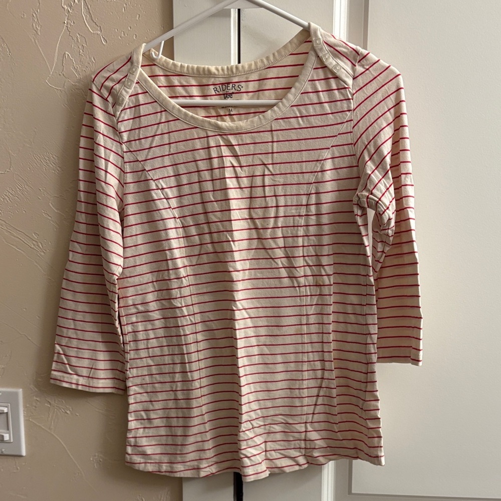 Riders by Lee Women's Cream and Red Striped Long Sleeve Top